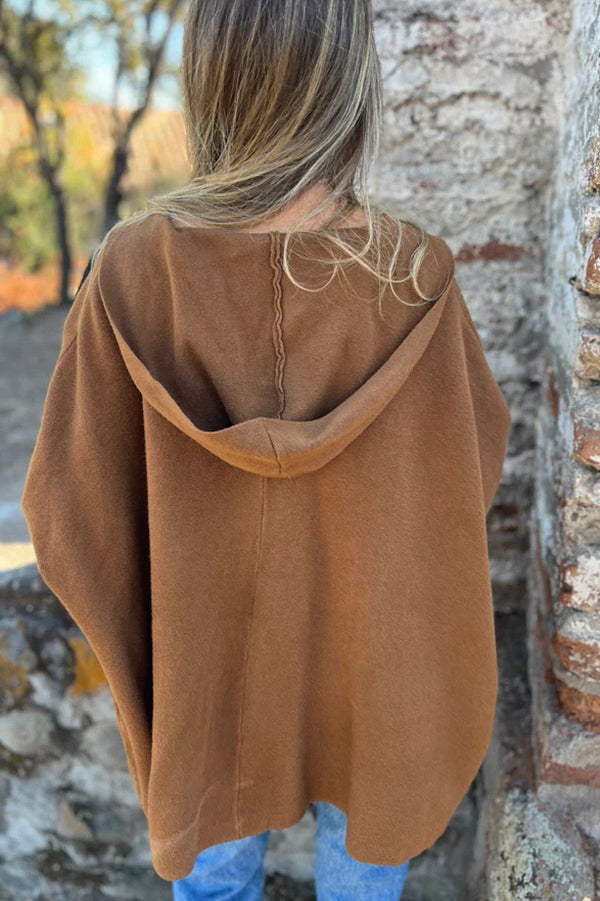 Solid Color Casual Hooded Single Button Pocket Loose Cape Jacket