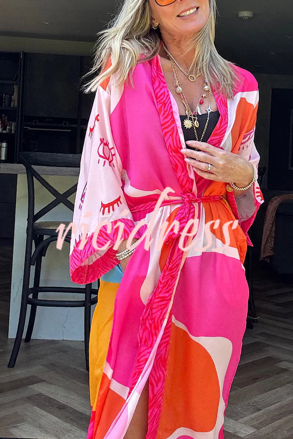 Elevate Beach Style Unique Print Long Sleeve Belted Pocket Cover-up Kimono