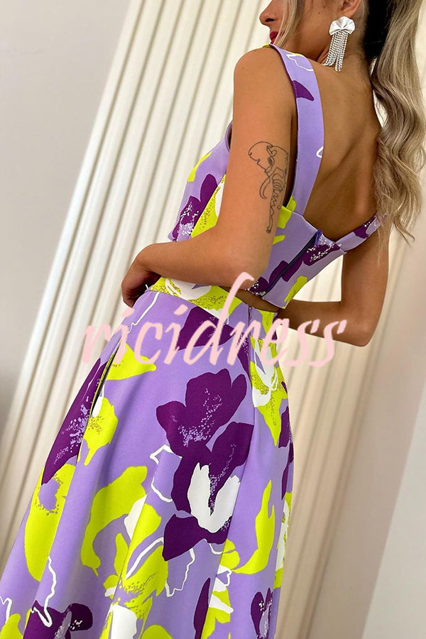 Stylish Floral Print Sling Top and Large Hem Pockets Maxi Skirt Set