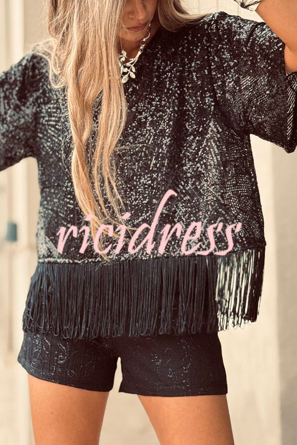 Full of Surprises Sequin Short Sleeve Tassle Trim Loose Top