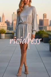 Fashionable Sequined Long-sleeved Belted Casual Mini Dress