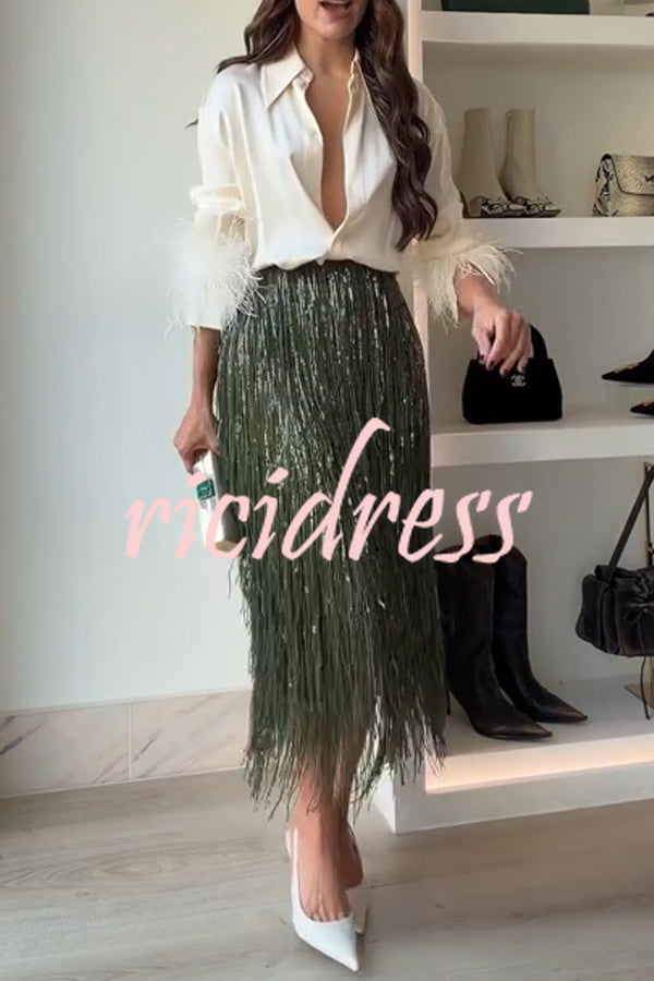 Party Crasher Layered Sequined Tassels High Rise Back Zipper Midi Skirt