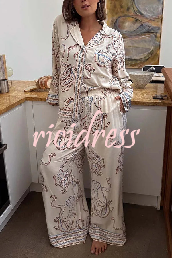 Calm Seas Line Octopus Unique Print Loose Shirt and Elastic Waist Pocketed Pajama Set
