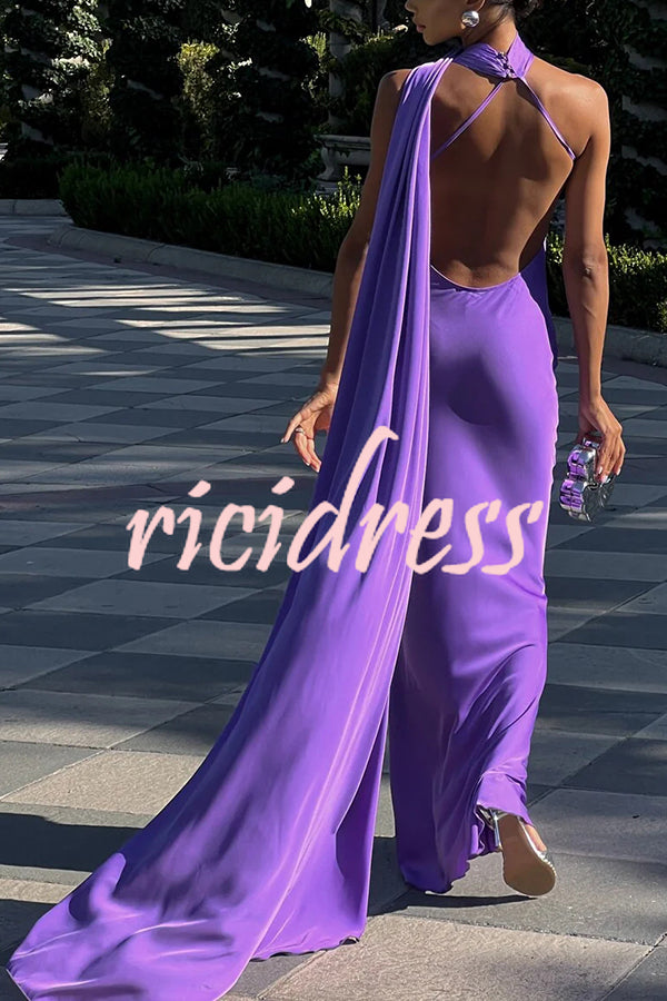 Crush on You Satin One Shoulder Backless Cape Maxi Dress