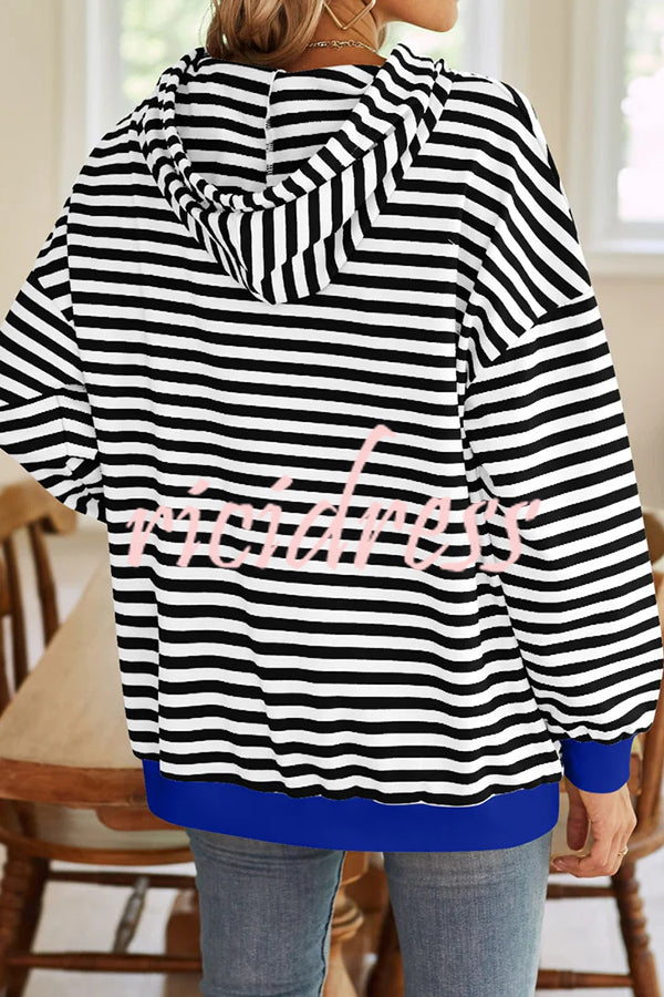 Striped Print Long Sleeve Pocket Loose Hoodie