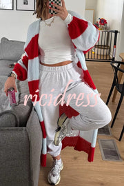 Fashionable Contrast Stripes Lazy Style Loose Long Knitted Cardigan