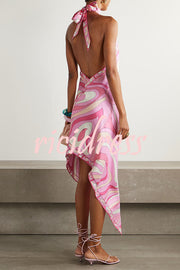 Meet At Beach Satin Unique Print Halter Tie-up Neck Irregular Hem Vacation Midi Dress