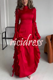 Cline Solid Color High Neck Long Sleeve Elegant Ruffles Maxi Dress