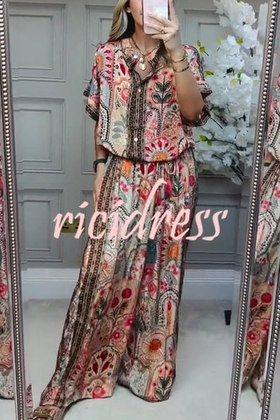 Unique Printed Loose Short-sleeved Top and Elastic Waist Casual Wide-leg Pants Set