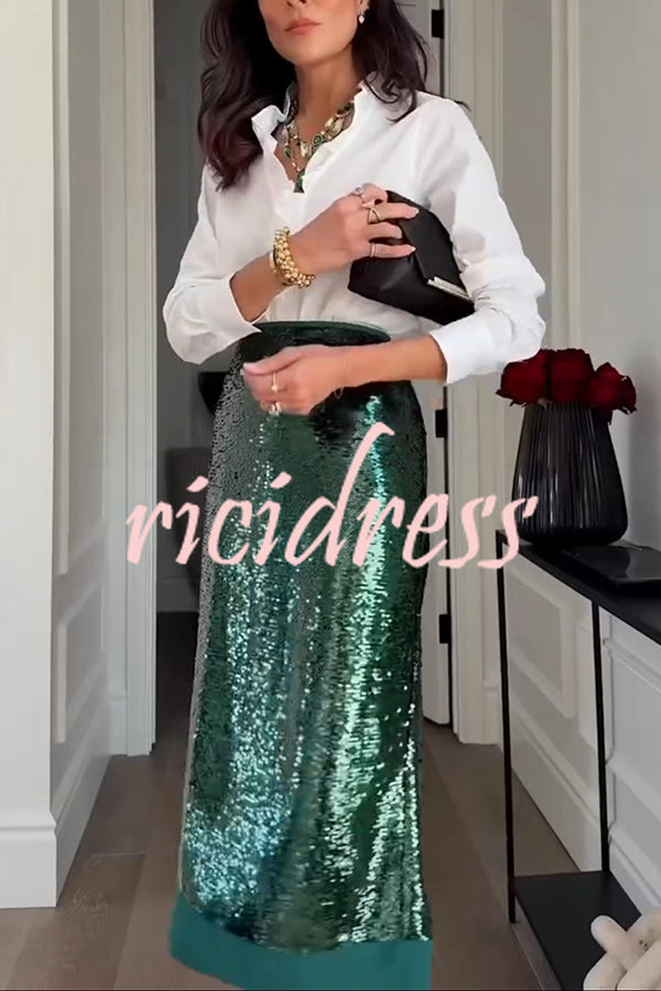 Shimmer Scene Sequin Patchwork Hem High Rise Slit Pencil Midi Skirt