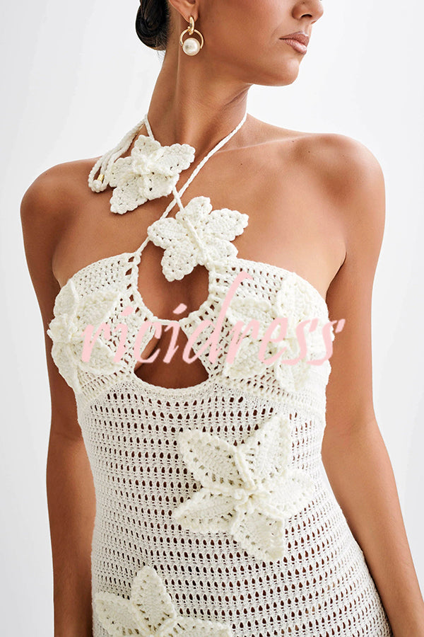 Call It Chic Knit Floral Crochet Halter Fishtail Hem Maxi Dress
