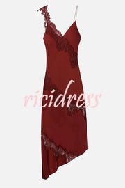 Sexy Lace Stitching Suspender V-neck Asymmetrical Maxi Dress