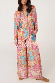 Painter's Garden Boho Floral Print  Elastic Waist Pocketed Wide Leg Pants