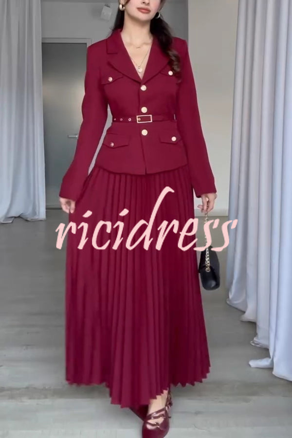 Solid Color Lapel Button Belt Blazer and Pleated Casual Maxi Skirt Set