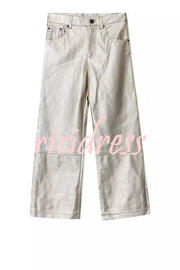Tanie Metallic Fabric Mid-rise Pocket Cropped Wide Straight-leg Pants