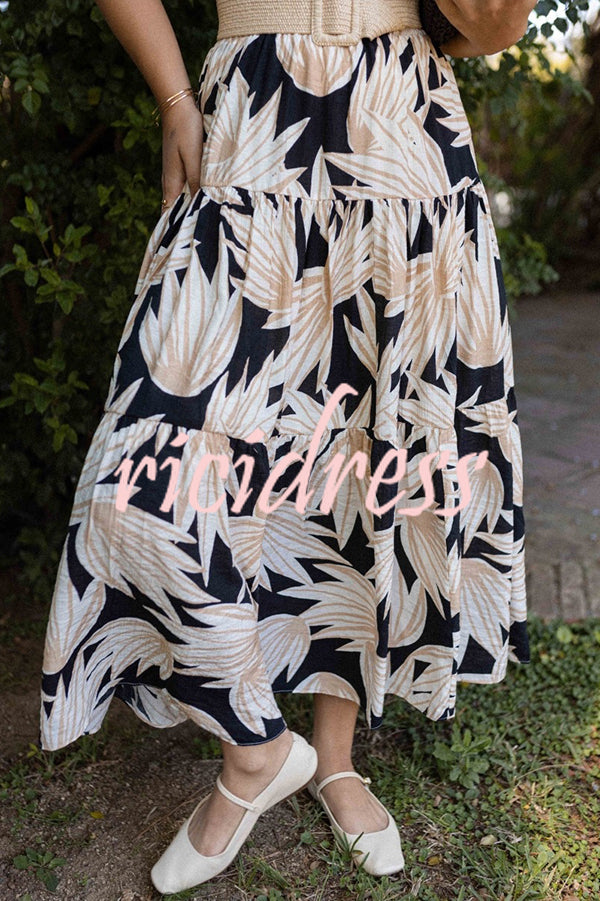 Resort Style Botanical Print Elastic Waist Loose Stitching Midi Skirt