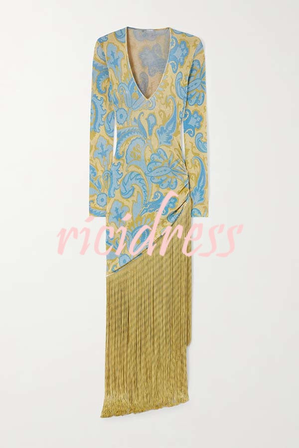 Golden Age Knit Paisley Print Long Sleeve Tassle Hem Maxi Dress