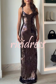 Dazzling Like Flowing Water Sequin V-neck Back Zipper Slit Maxi Dress