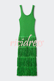 Solid Color Sleeveless Slim Fit Fringed Hem Knitted Midi Dress