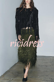 Party Crasher Layered Sequined Tassels High Rise Back Zipper Midi Skirt