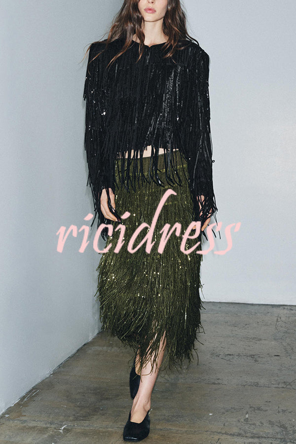 Party Crasher Layered Sequined Tassels High Rise Back Zipper Midi Skirt