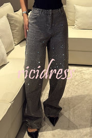 Fashion Star Rhinestone High Rise Casual Pocket Straight Loose Jeans