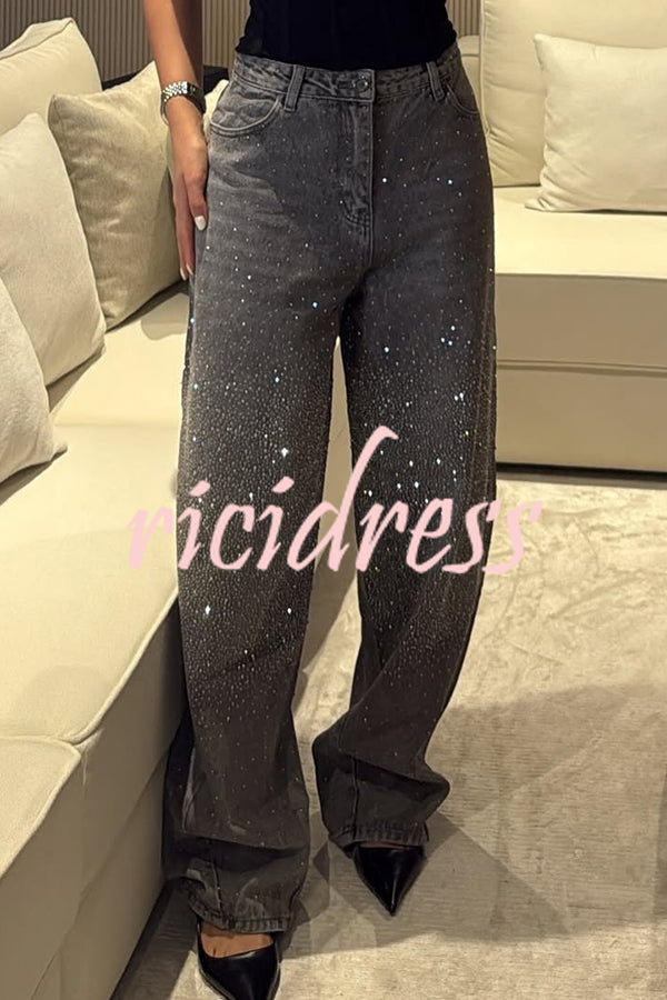 Fashion Star Rhinestone High Rise Casual Pocket Straight Loose Jeans