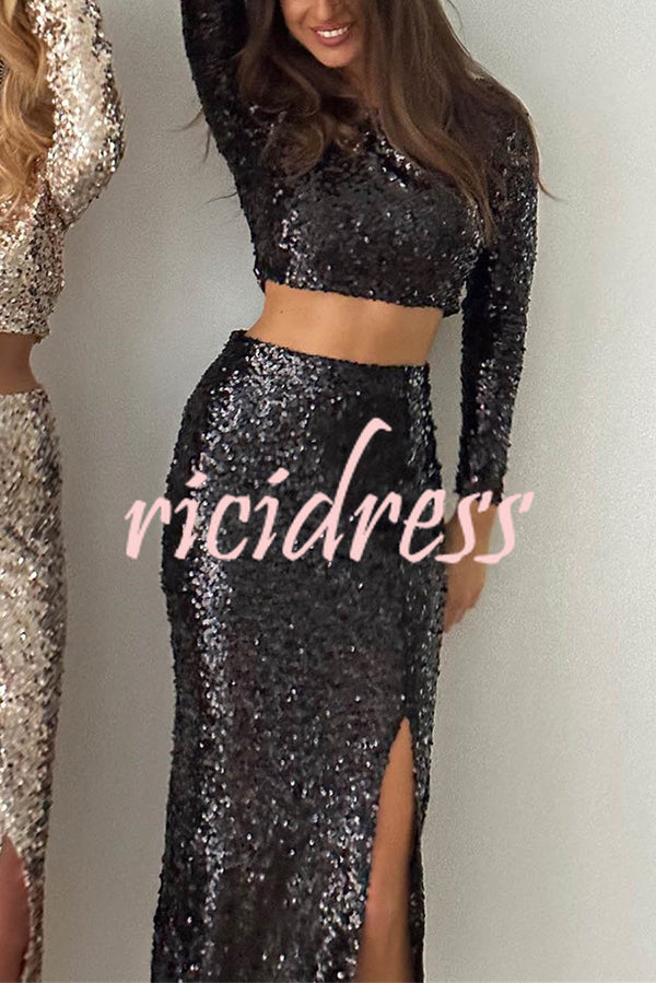 Solid Sequined Long-sleeved Crop Top and Sexy Slit Midi Skirt Set