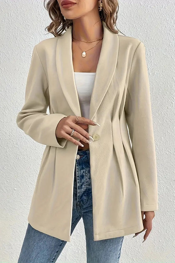 Solid Color Lapel Long Sleeve Elegant Pleated Waist Blazer