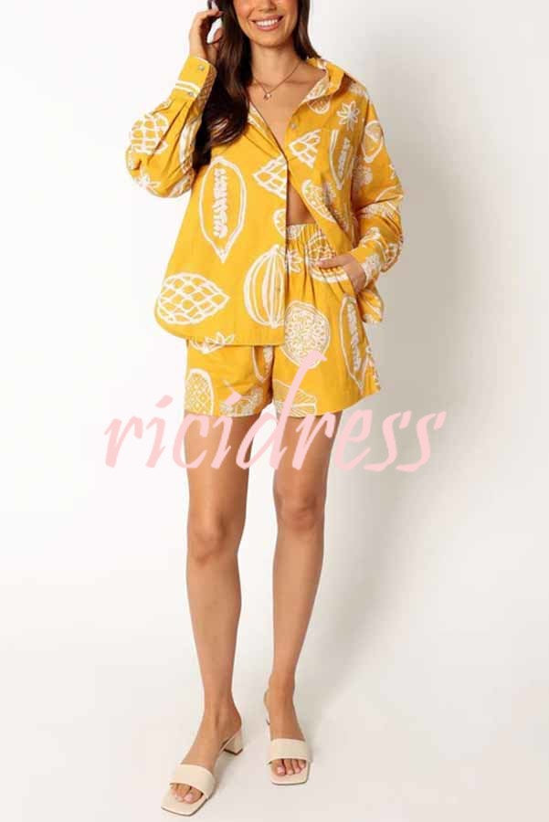 Parkside Pretty Tropical Fruit Print Loose Shirt and Elastic Waist Pocketed Shorts Set