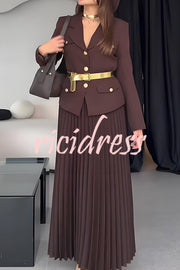 Solid Color Lapel Button Belt Blazer and Pleated Casual Maxi Skirt Set