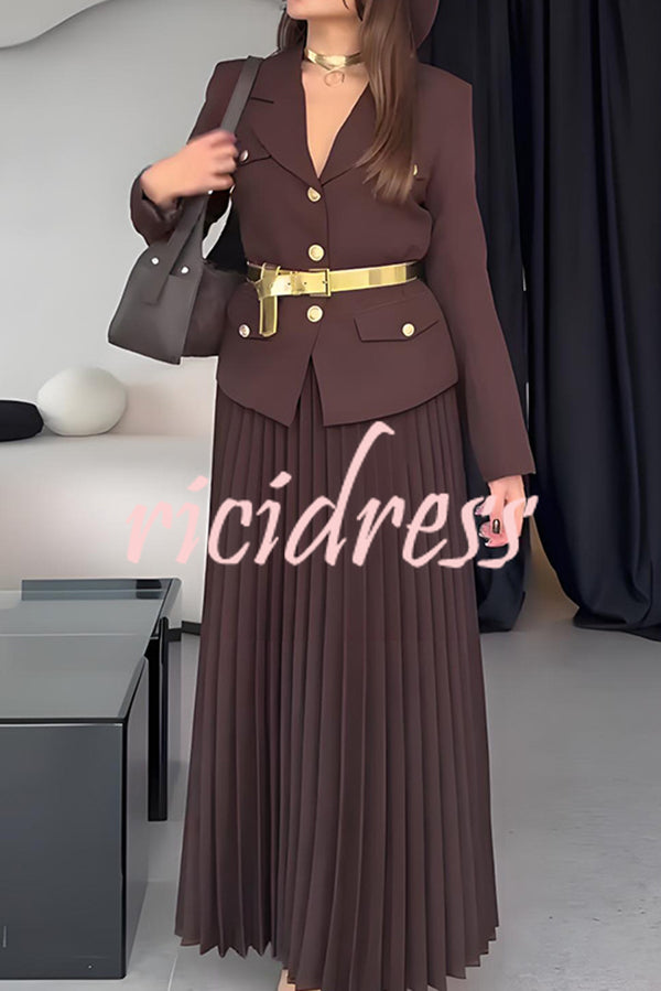 Solid Color Lapel Button Belt Blazer and Pleated Casual Maxi Skirt Set
