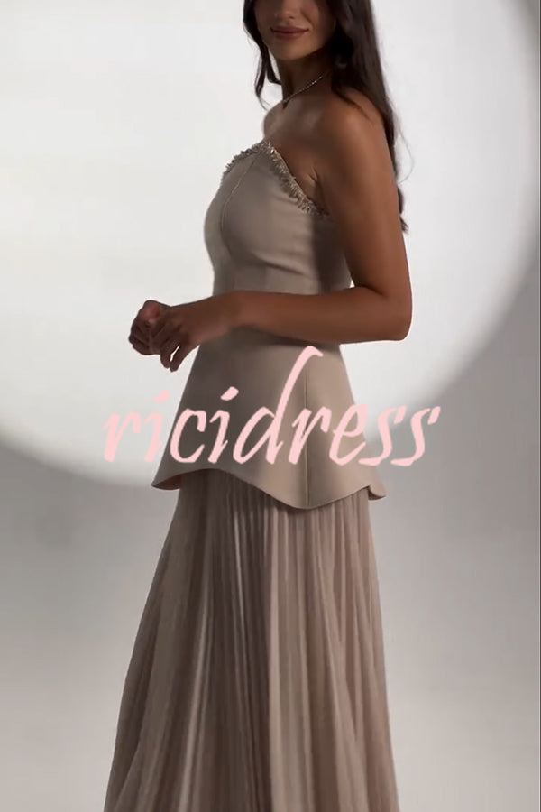 Capture The Moment Gem Trim Pleated Hem Strapless Maxi Dress