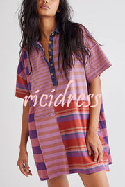 Contrast Striped Patchwork Denim Lapel Loose Casual Mini Dress