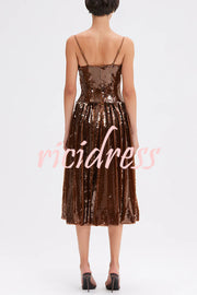 Enchanted Night Sequin Low-cut Corset Balloon Hem Slip Midi Dress