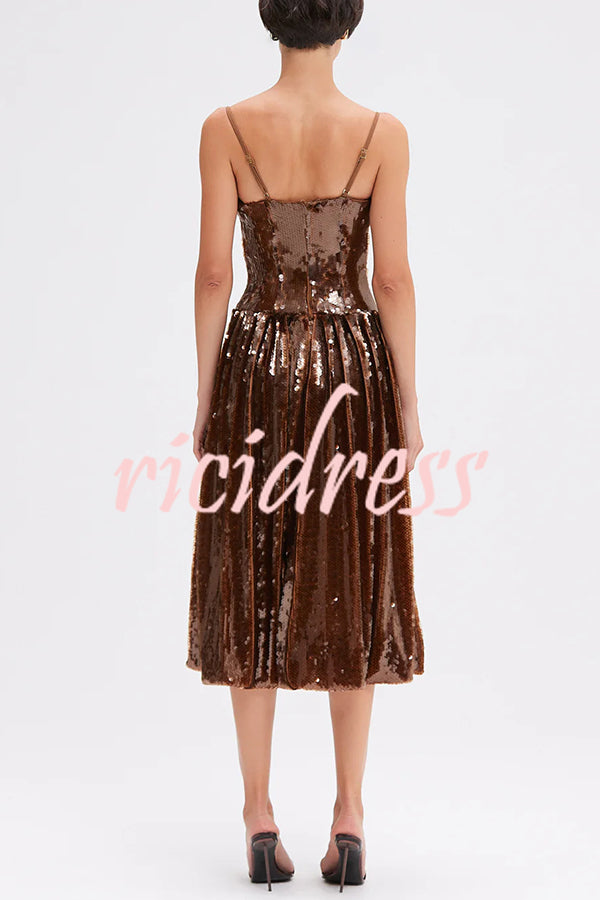 Enchanted Night Sequin Low-cut Corset Balloon Hem Slip Midi Dress