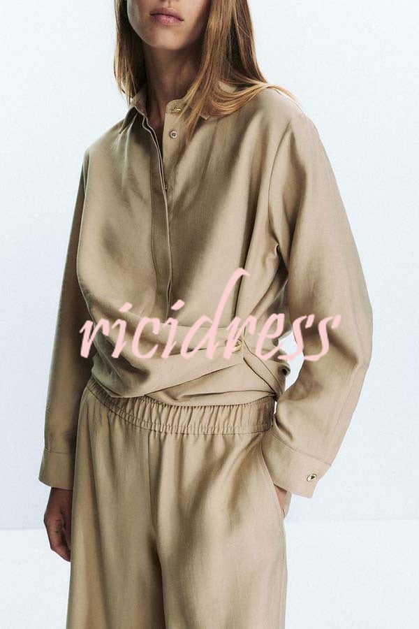 Juliette Cross-front Button Up Long Sleeve Shirt and Elastic Waist Pocket Loose Pants Set