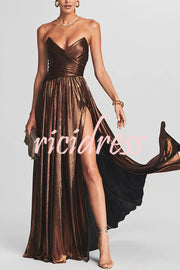 Goddess Temperament Metallic Pleated Fabric Off Shoulder Slit Maxi Dress