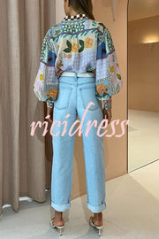 Fun and Nostalgic Unique Print Balloon Sleeve Button Loose Shirt