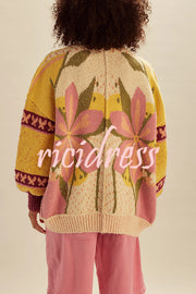 Floral Pattern Loose Long-sleeved Knitted Cardigan