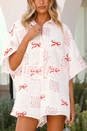 Sweet Bow Print Lapel Half Sleeve Tie Waist Loose Rompers