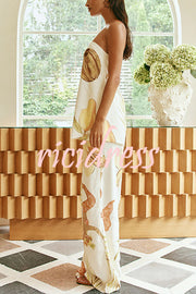 Island Time Linen Blend Unique Print Strapless Top and Elastic Waist Pocket Loose Pants Set