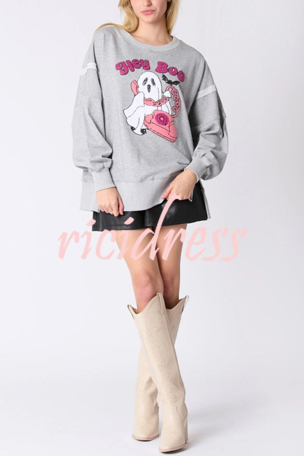 Halloween Cartoon Ghost Sequin Loose Casual Sweatshirt