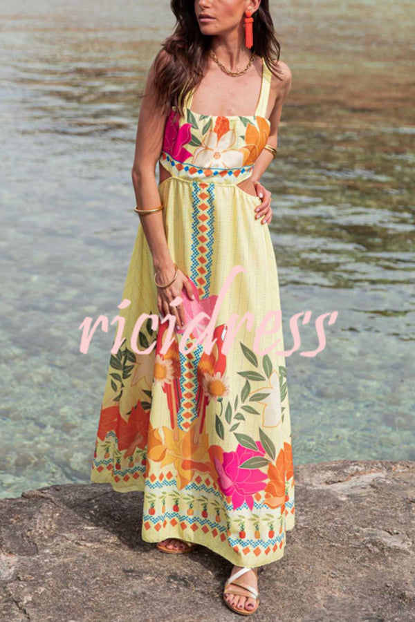 Resort Style Unique Print Sexy Square Neck Backless Waist Maxi Dress