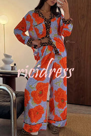 Color-block Poppy Leopard Print Trim Loose Shirt and Elastic Waist Pocketed Pajama Set