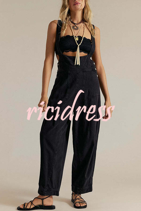 Fashionable Casual Side Pocket Button Loose Denim Overalls