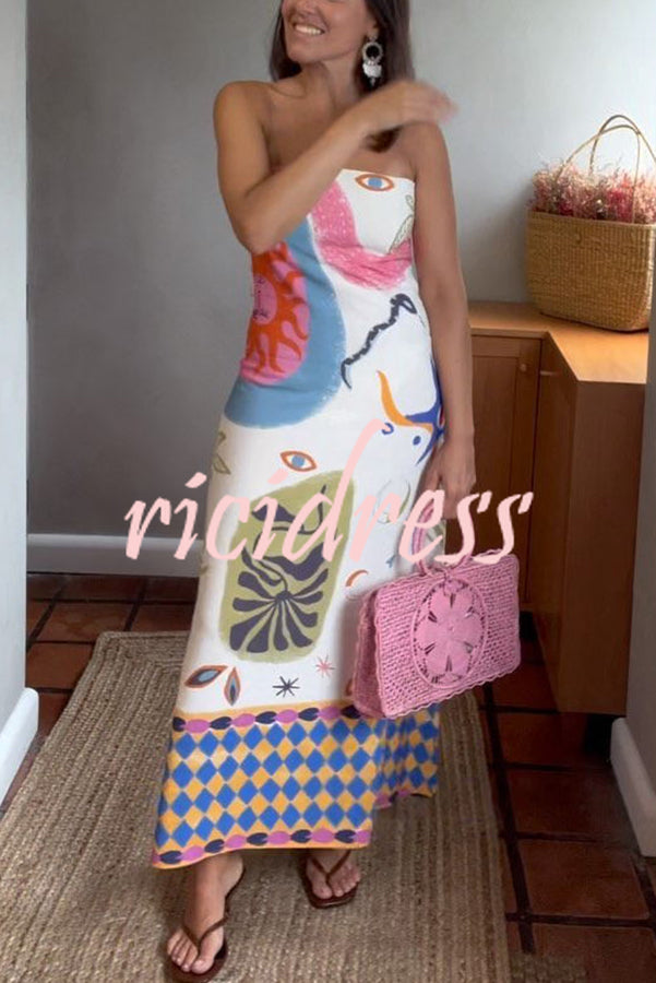 Ramona Linen Blend Unique Print Off Shoulder Vacation Loose Midi Dress