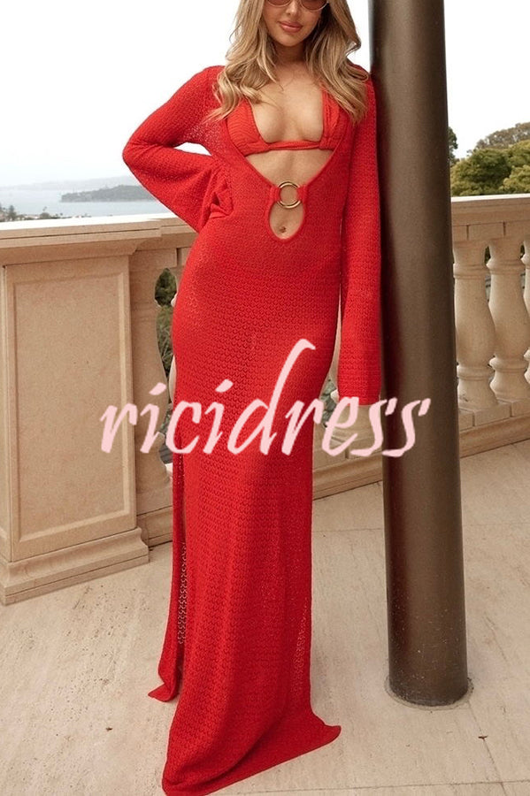 Seaside Goddess Crochet Knit Hollow Out Golden Ring Long Sleeve Cover-up Maxi Dress