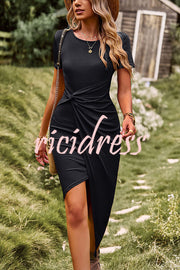 Round Neck Knitted Patchwork Short Sleeved Midi Dress