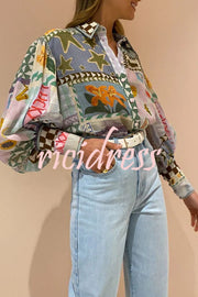 Fun and Nostalgic Unique Print Balloon Sleeve Button Loose Shirt